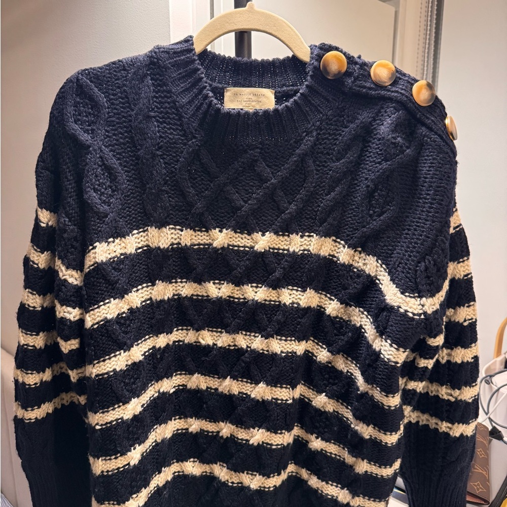 Sézane La Maille Navy Striped Cable Knit Sweater (Size L)